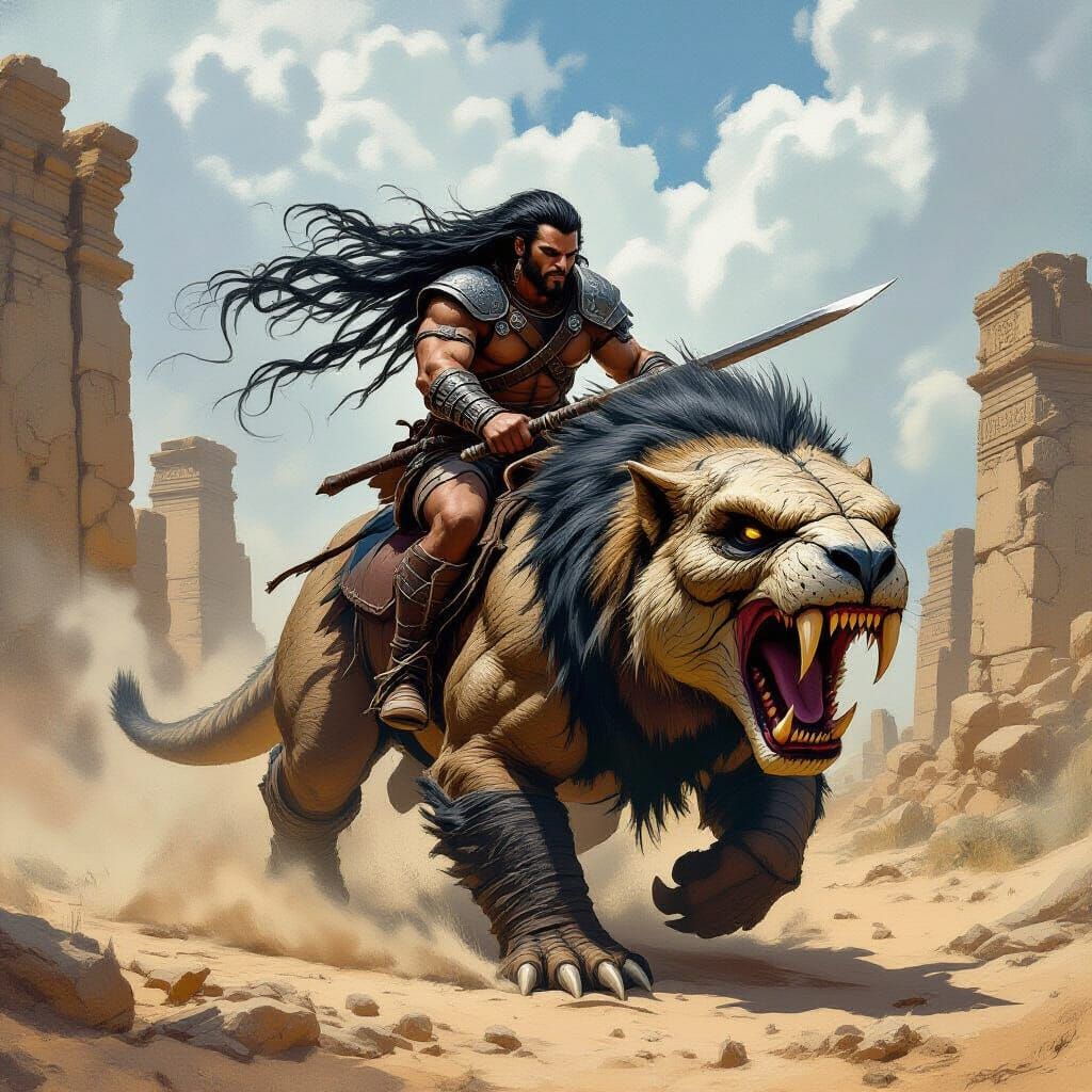 Barbarian Warrior Rides Smilodon Near Ancient Ruins
