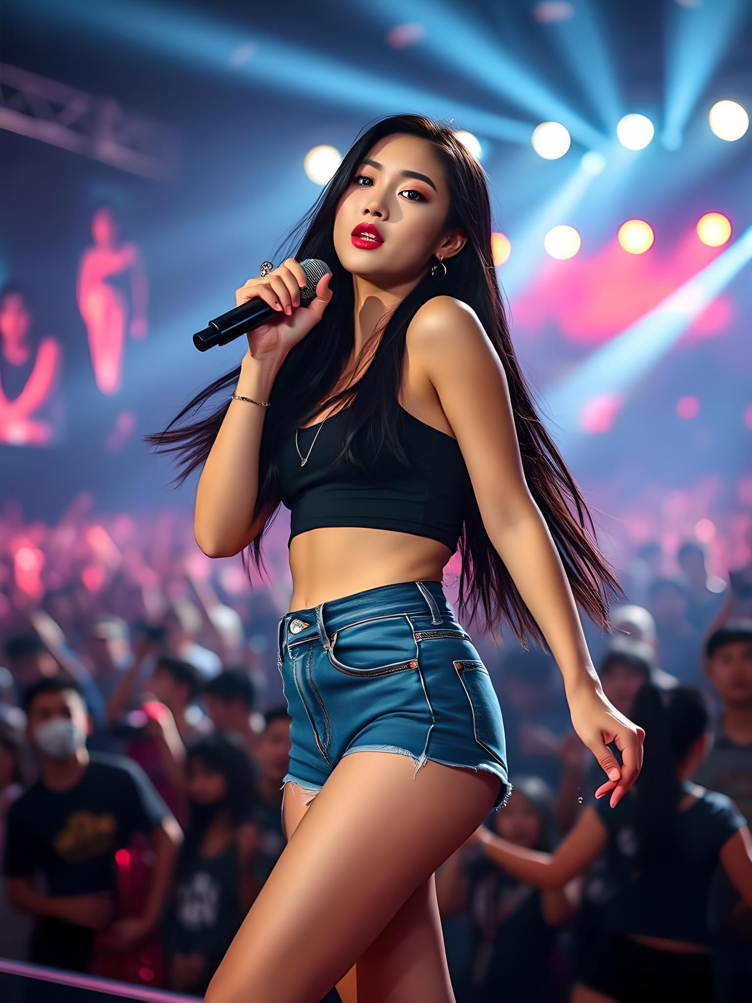 A K-pop singer in jeans shorts