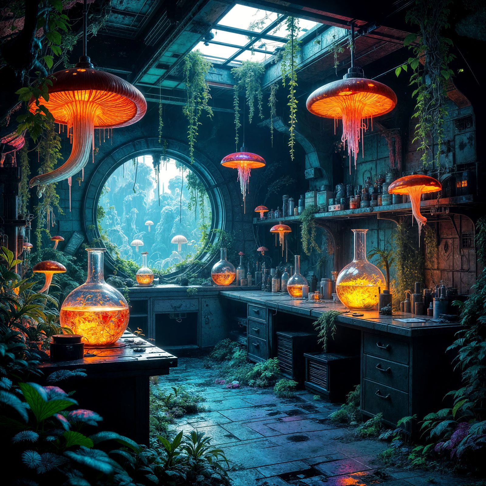 Overgrown Abandoned Lab with Glowing Fungi