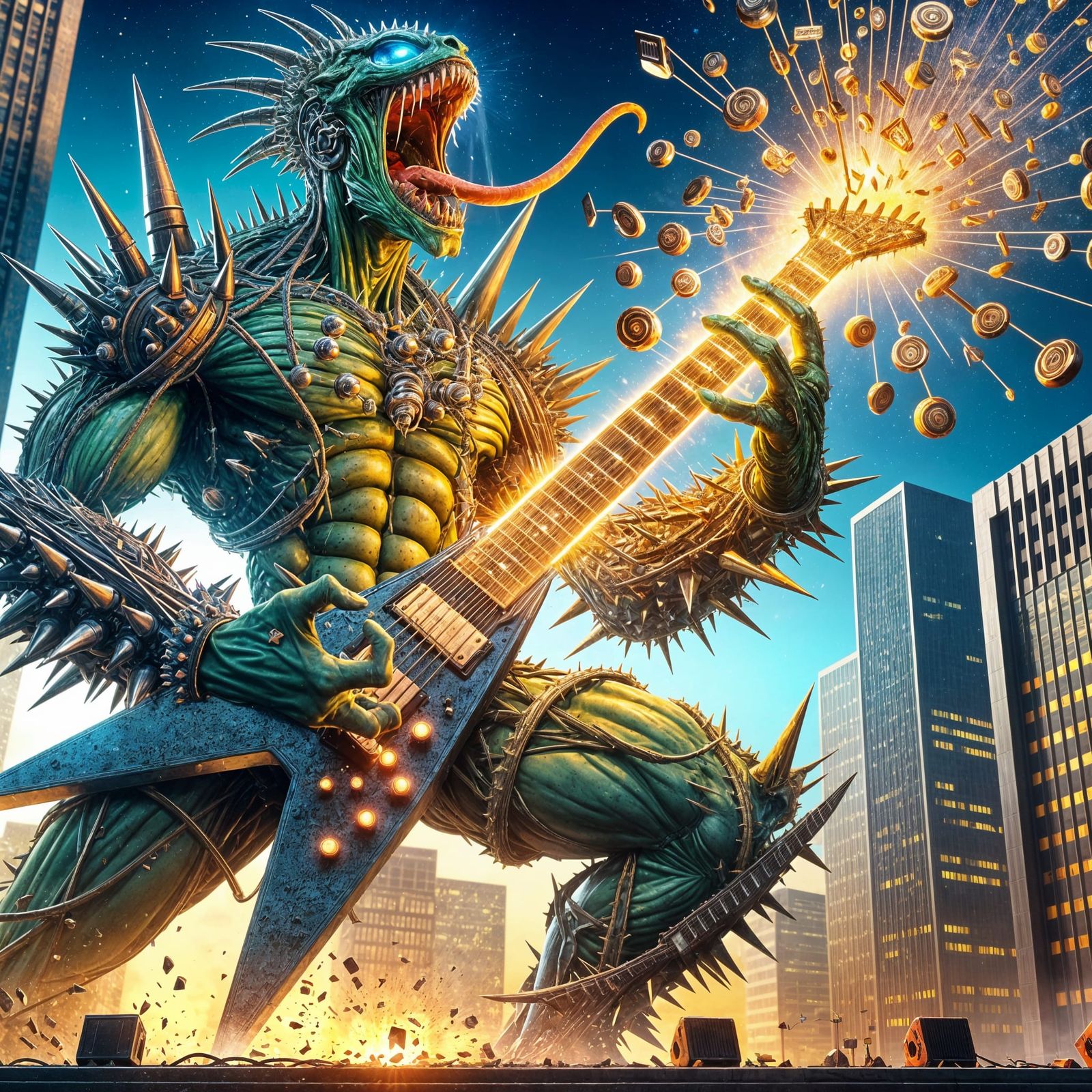Thrash Metal Alien Shredding Guitar with Neon Skyscrapers