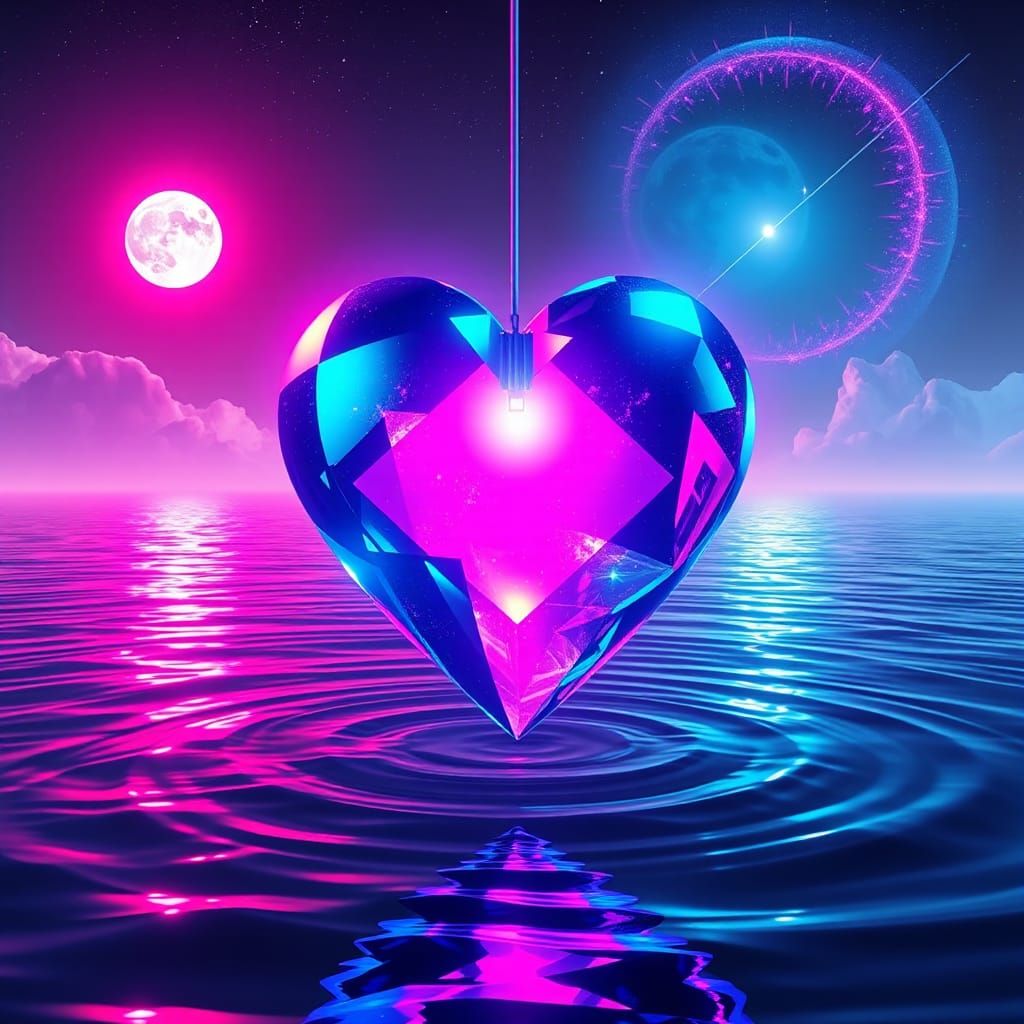 Crystal Heart Radiates Synthwave Colors Under Moonlight