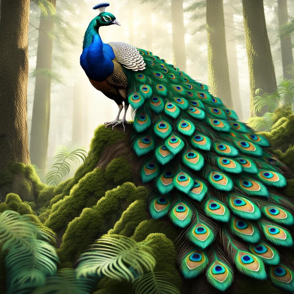 Fantasy Peacock Displaying Tail Feathers in Forest