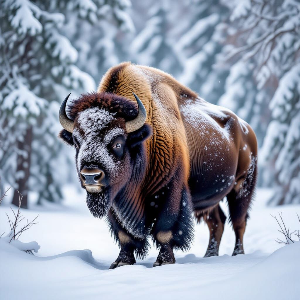 Majestic Bison in Snowy Forest Wildlife Photography