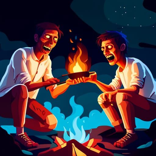 Hyperrealistic Zombies Roasting Marshmallows at Campfire