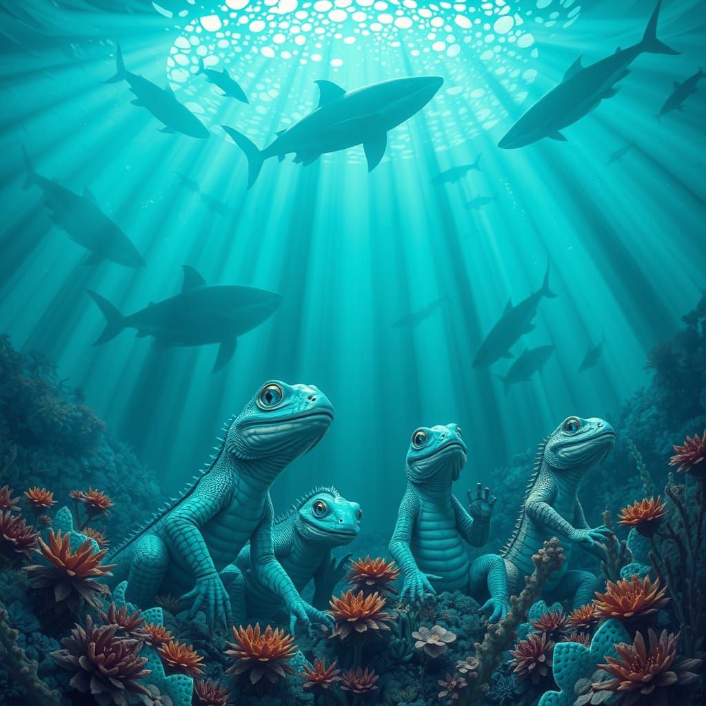Turquoise Reptiles in Luminescent Underwater Fantasy