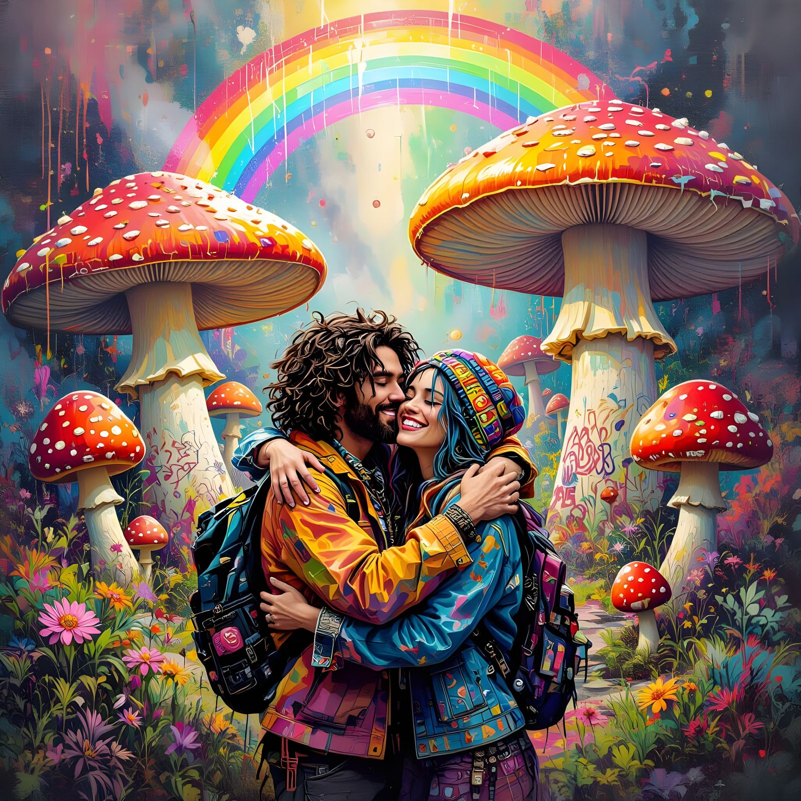 Psychedelic Boho Embrace with Rainbow Graffiti Art