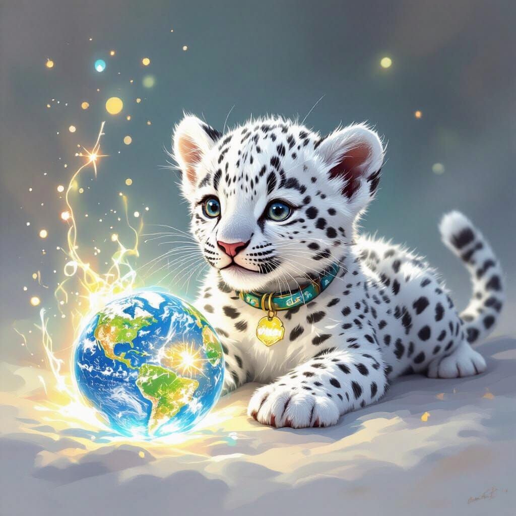 Playful White Leopard Cub with Magical Energy Ball