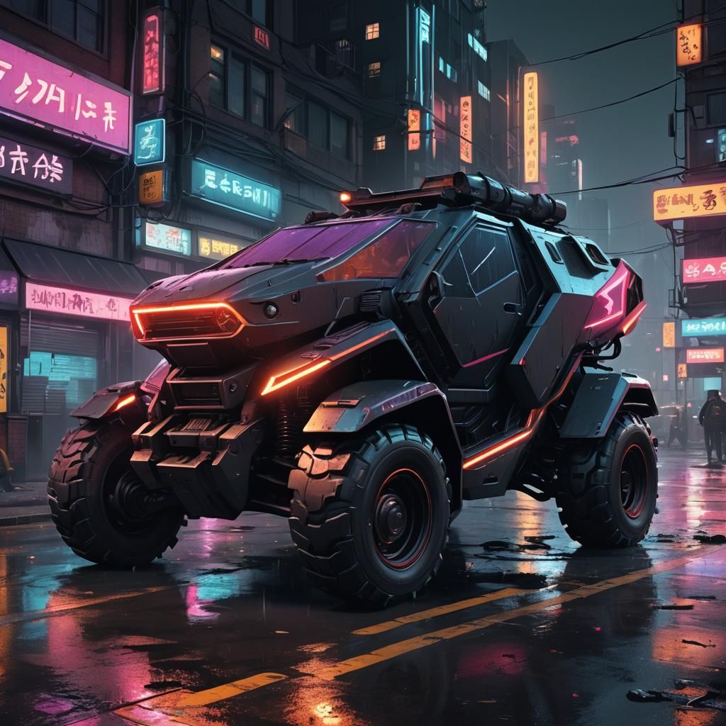 Neon Noir Armored Vehicle in Dystopian City