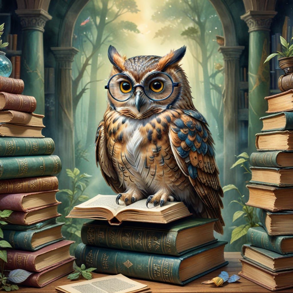 Whimsical Watercolor Scene of Owl Librarian in Enchanted Lib...