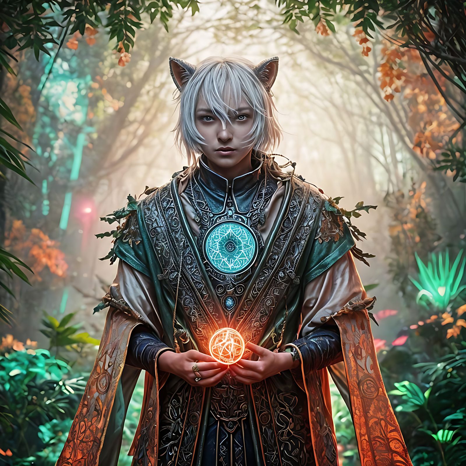 Ancient Druid in Iridescent Robes with Circuitry Patterns