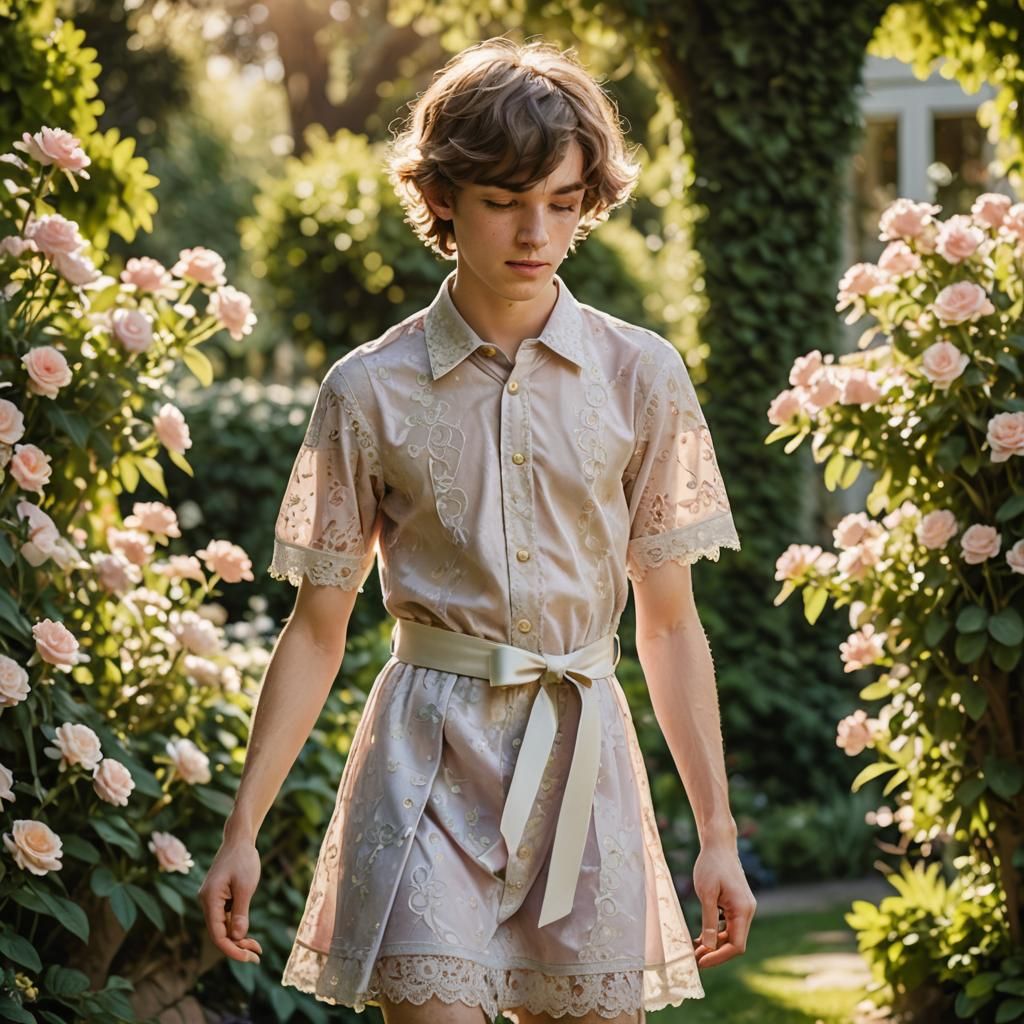 Boy in Minidress Practices Curtsy in Garden