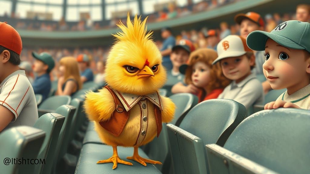 Angry Chick at Baseball Game in Whimsical Style