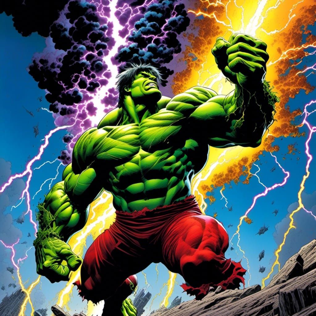 <lora:Intense Lightning:1.0> 1980s style Incredible Hulk, fu...