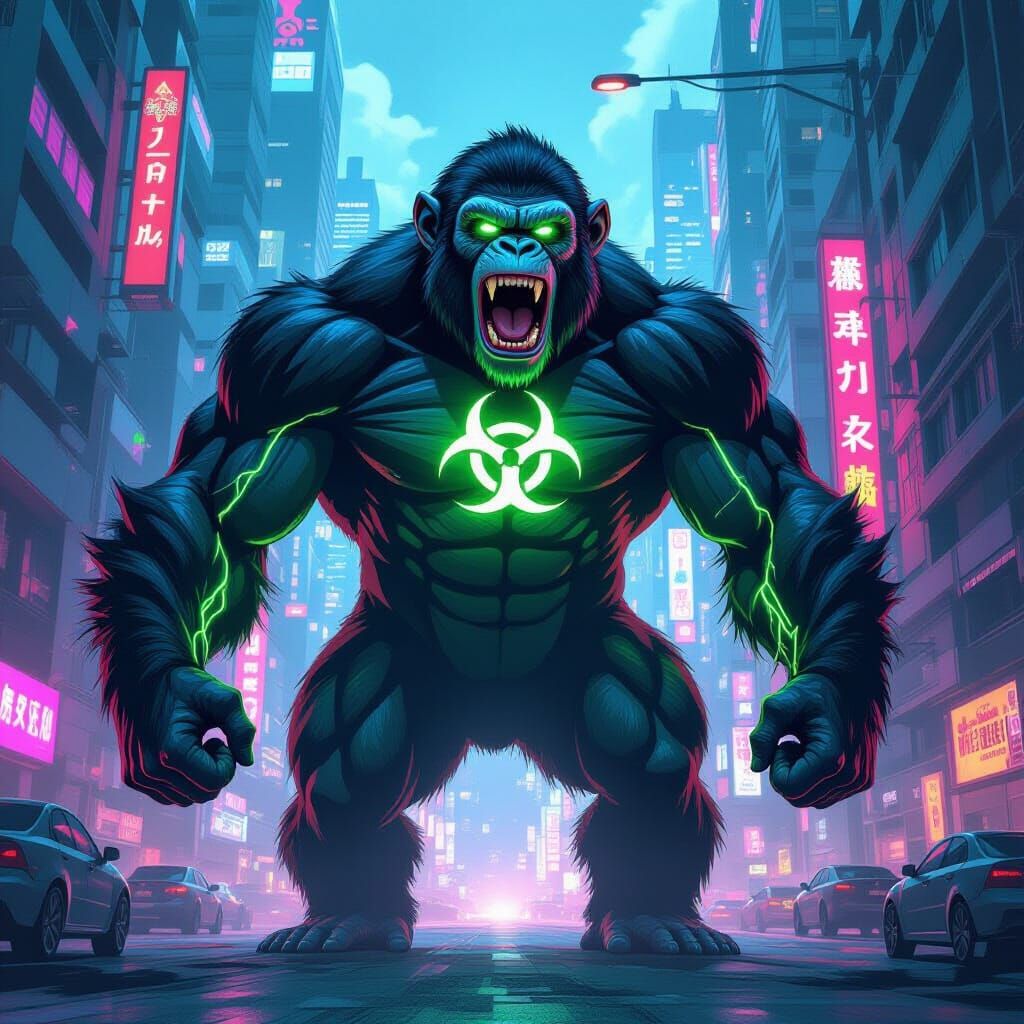 Giant Mutated Monkey Roars in Neon Futuristic City
