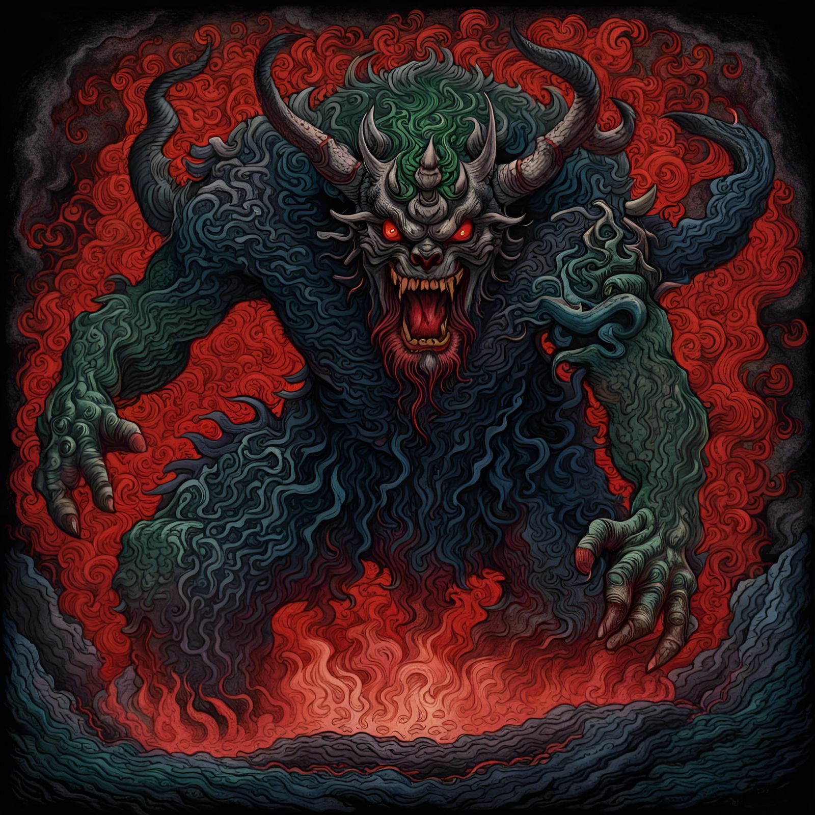 Japanese Demon in Mordor as Wood Block Print