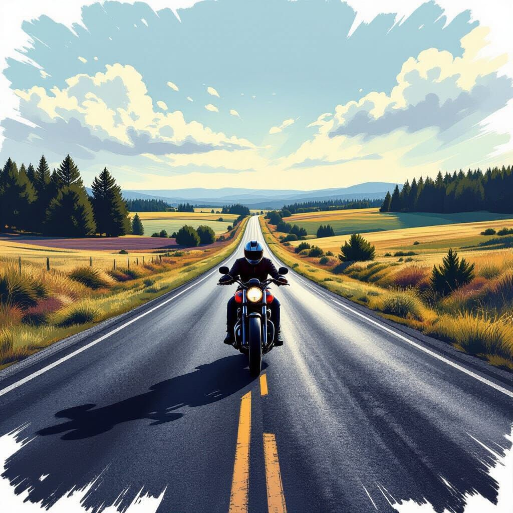 Solitary Biker on Endless Road in Hyperrealistic Splash Art ...