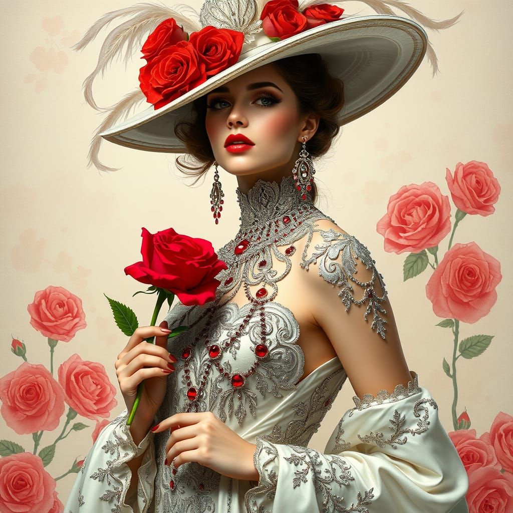 elegant, beautiful woman dressed in a luxurious, silver-white gown adorned with intricate red gemstone embellishments, h...