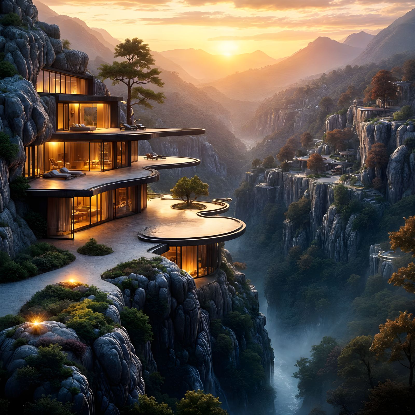 Futuristic Mountain Home with Glass Walls at Sunset