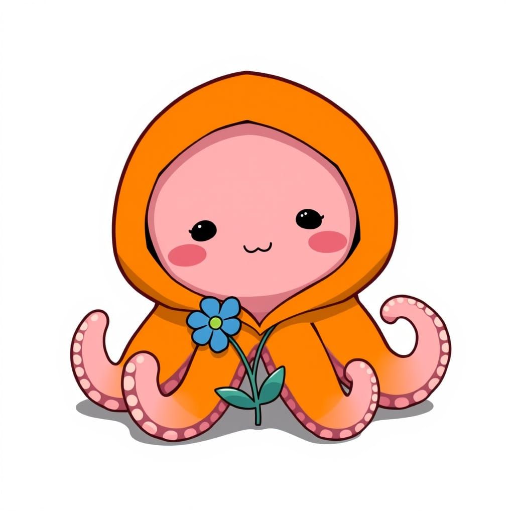 Happy Octopus Character in Anime Style with Flower