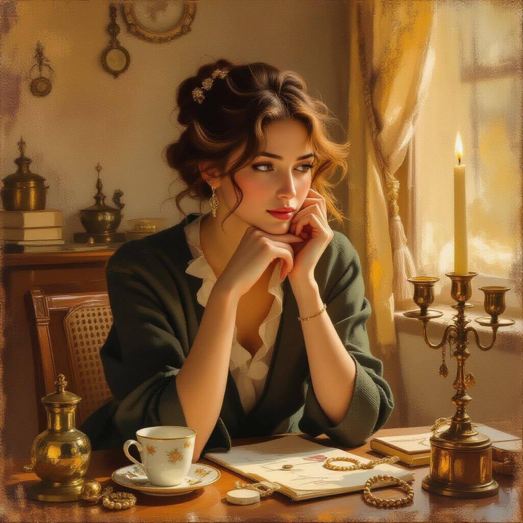 Woman Lost in Thought, Impressionist Painting Style