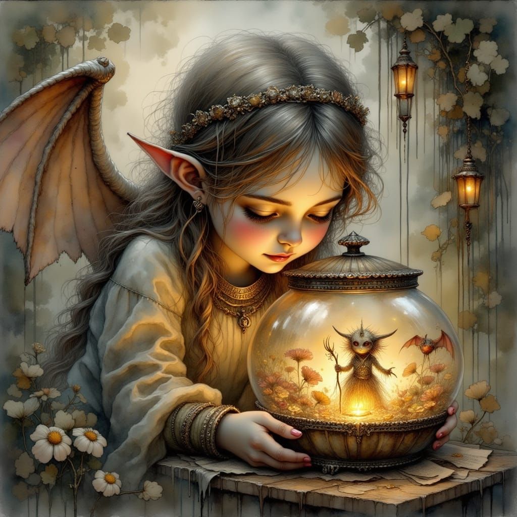 Tired Angel Holds Glass Box with Small Demon in Soft Glow