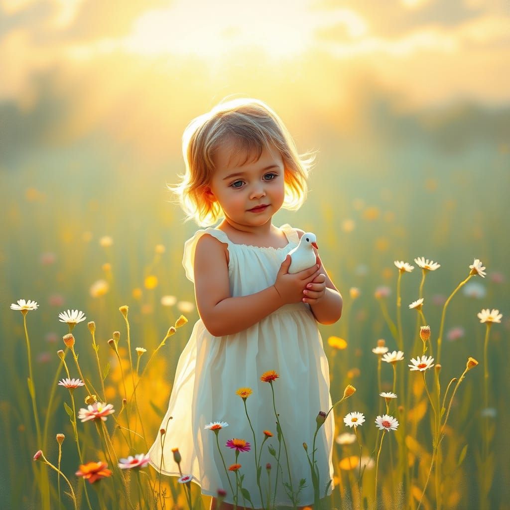 Innocent Child with Dove in Sunlit Meadow