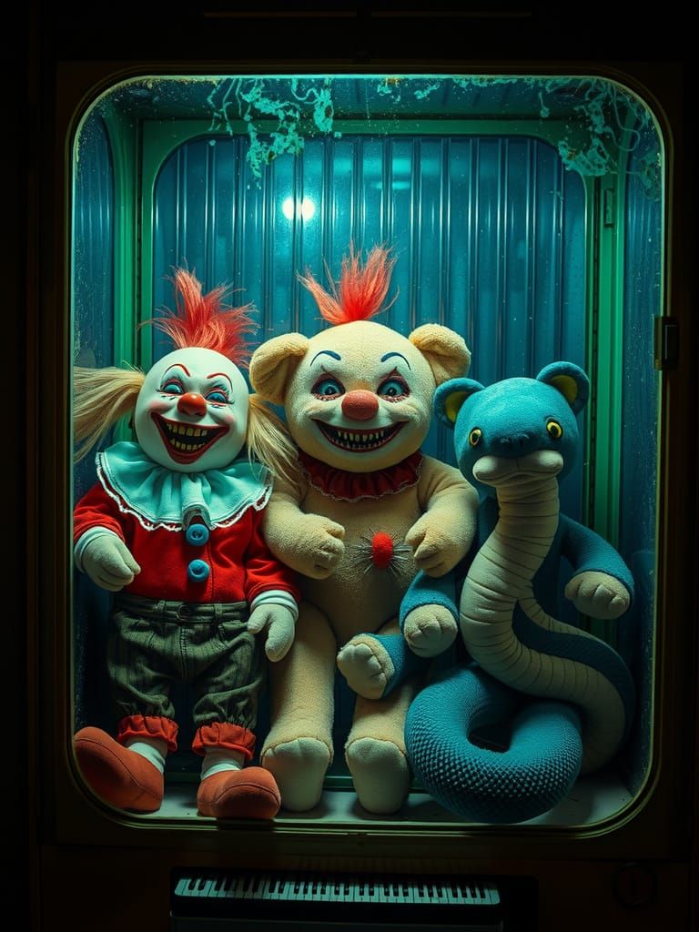 Sinister Claw Machine with Creepy Toys in Retro Horror Style