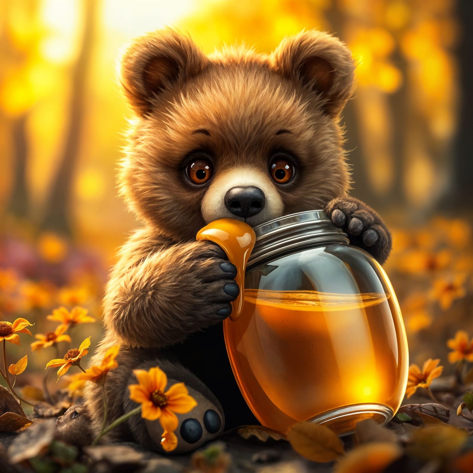 Whimsical Baby Bear Surrounded by Autumn Wonder