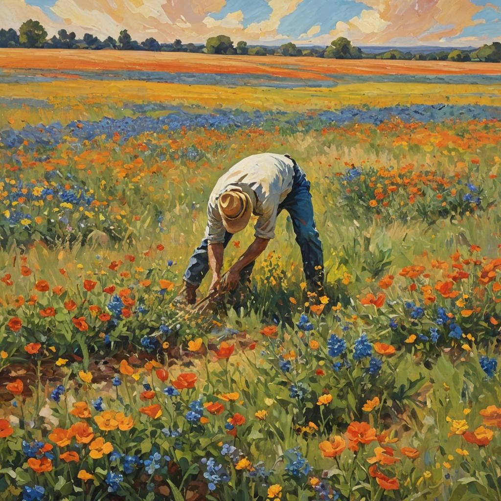 Farmer in Vibrant Field: Abstract Expressionist Fauvist Pain...