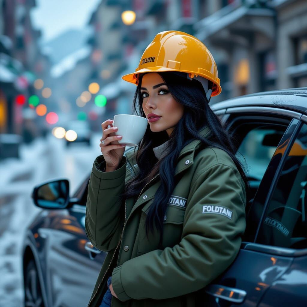 Italian Geologist Woman Pauses for Coffee on Cold Day