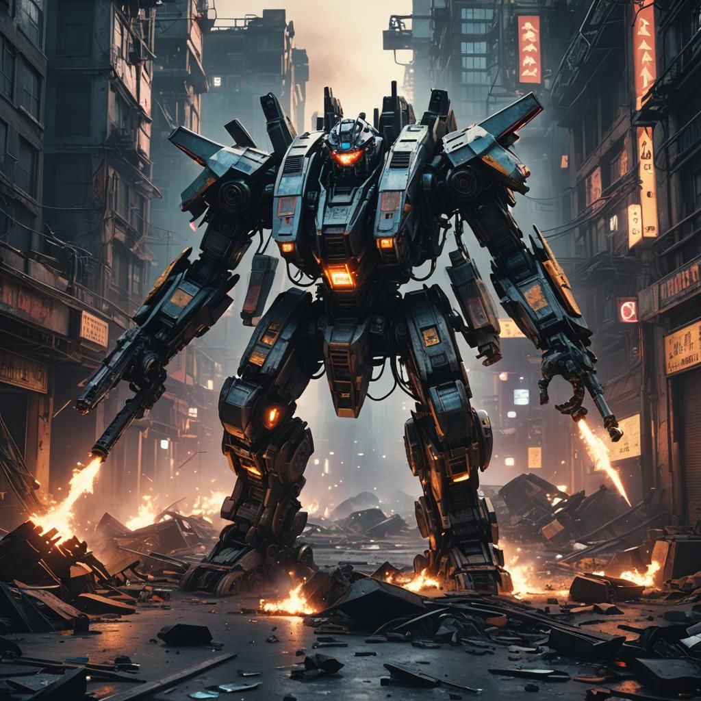 Cyberpunk Warplane Transformer in Ruined Cityscape