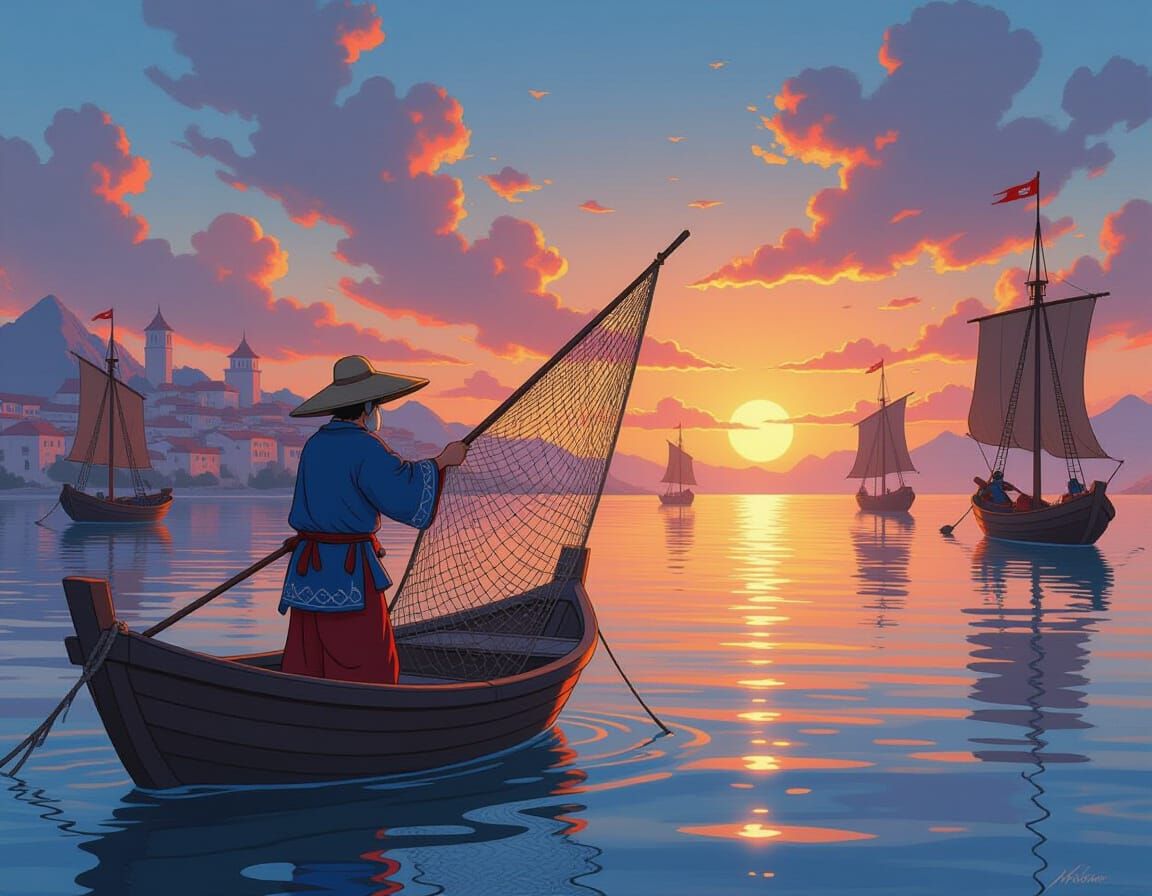 Fisherman at Drakewing Harbor: Cel-Shaded Manga Style