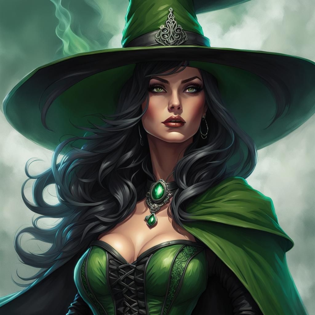 Gothic Witch Portrait with Green Cape in Splash Art