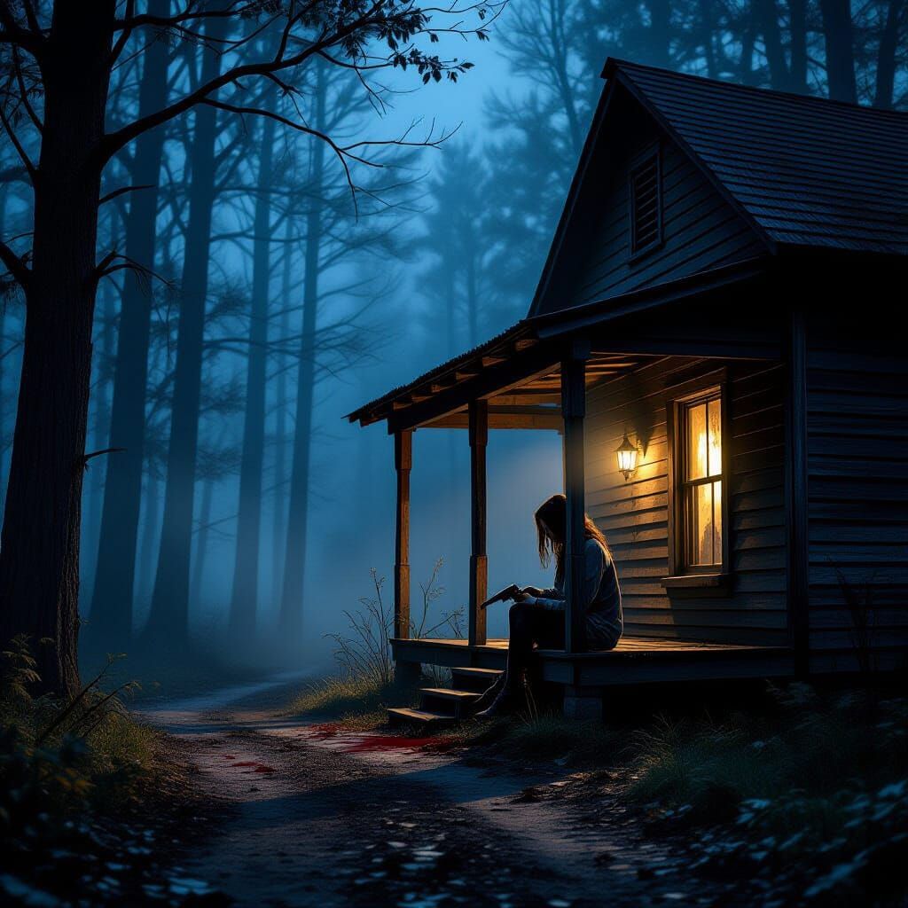 Dark Woods Night Scene: Girl with Pistol in Shack