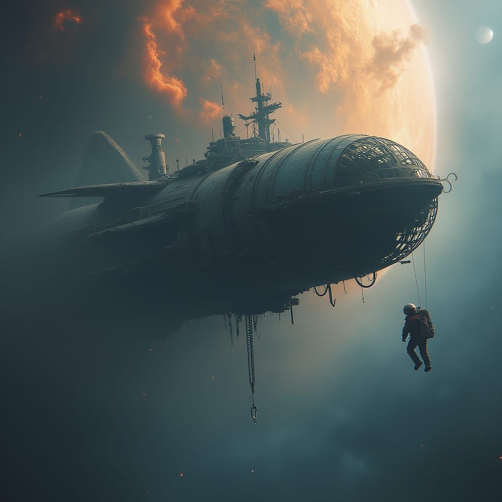 Astronaut Adrift Near Alien Birdcage Spaceship