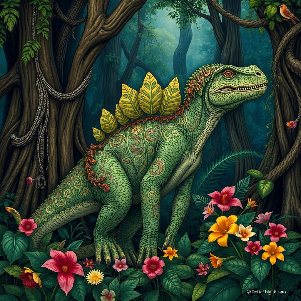 Ethereal Art Nouveau Apatosaur Reigns in Jungle Paradise