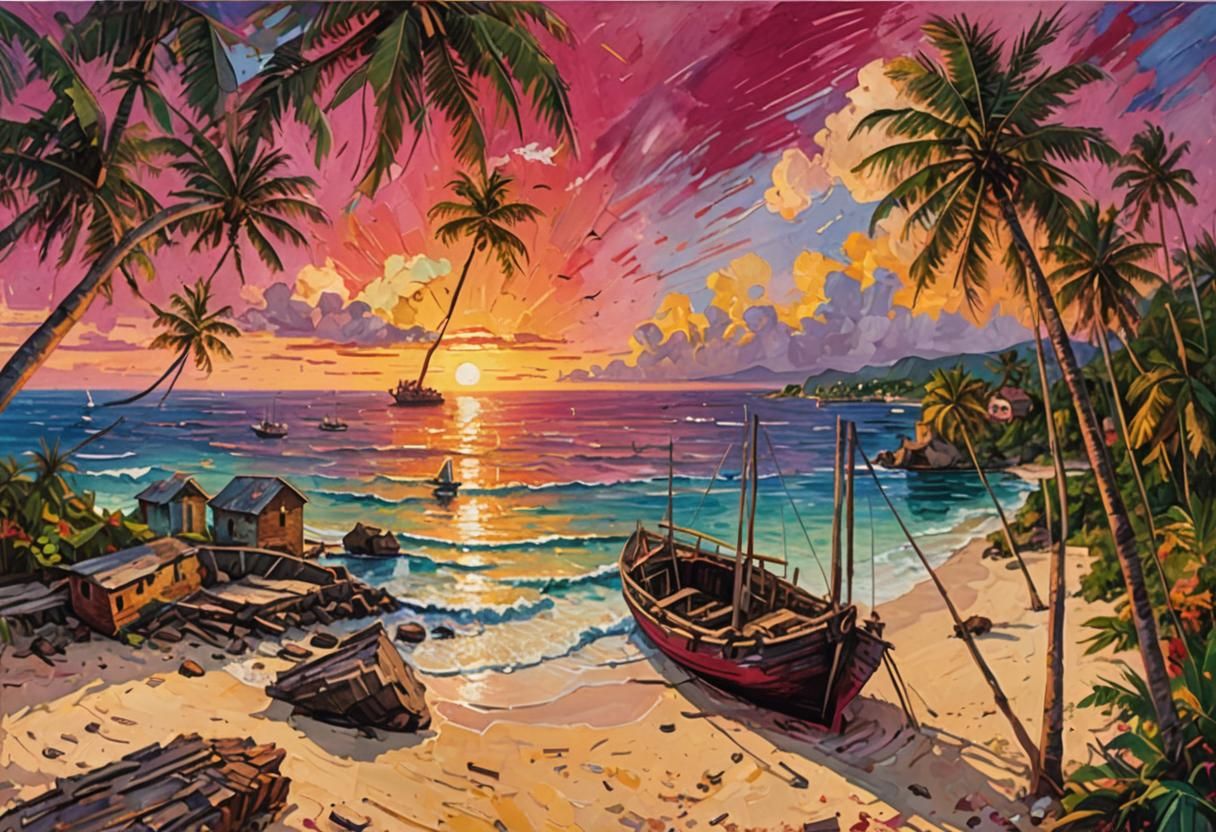 Caribbean Shipwreck Sunset: Impressionist Gouache Painting