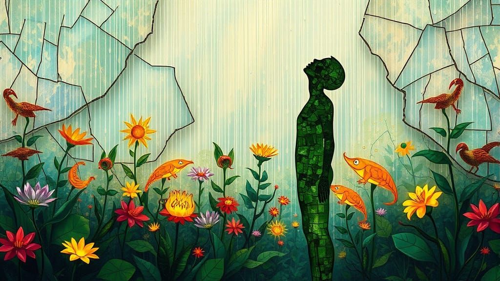 Surreal Stained Glass Garden with Mythical Creatures