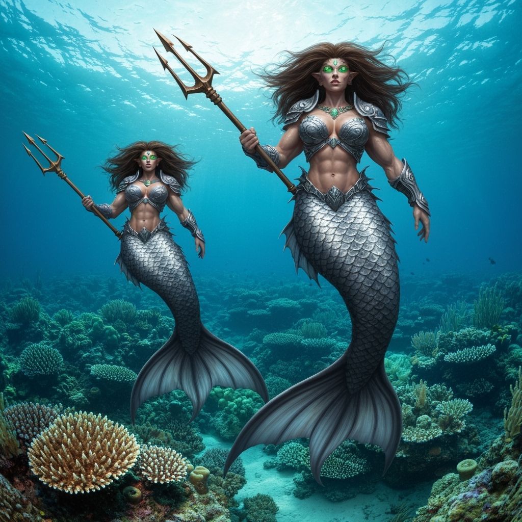 Curvaceous Muscular Mermaid Warriors: AI Generated Image