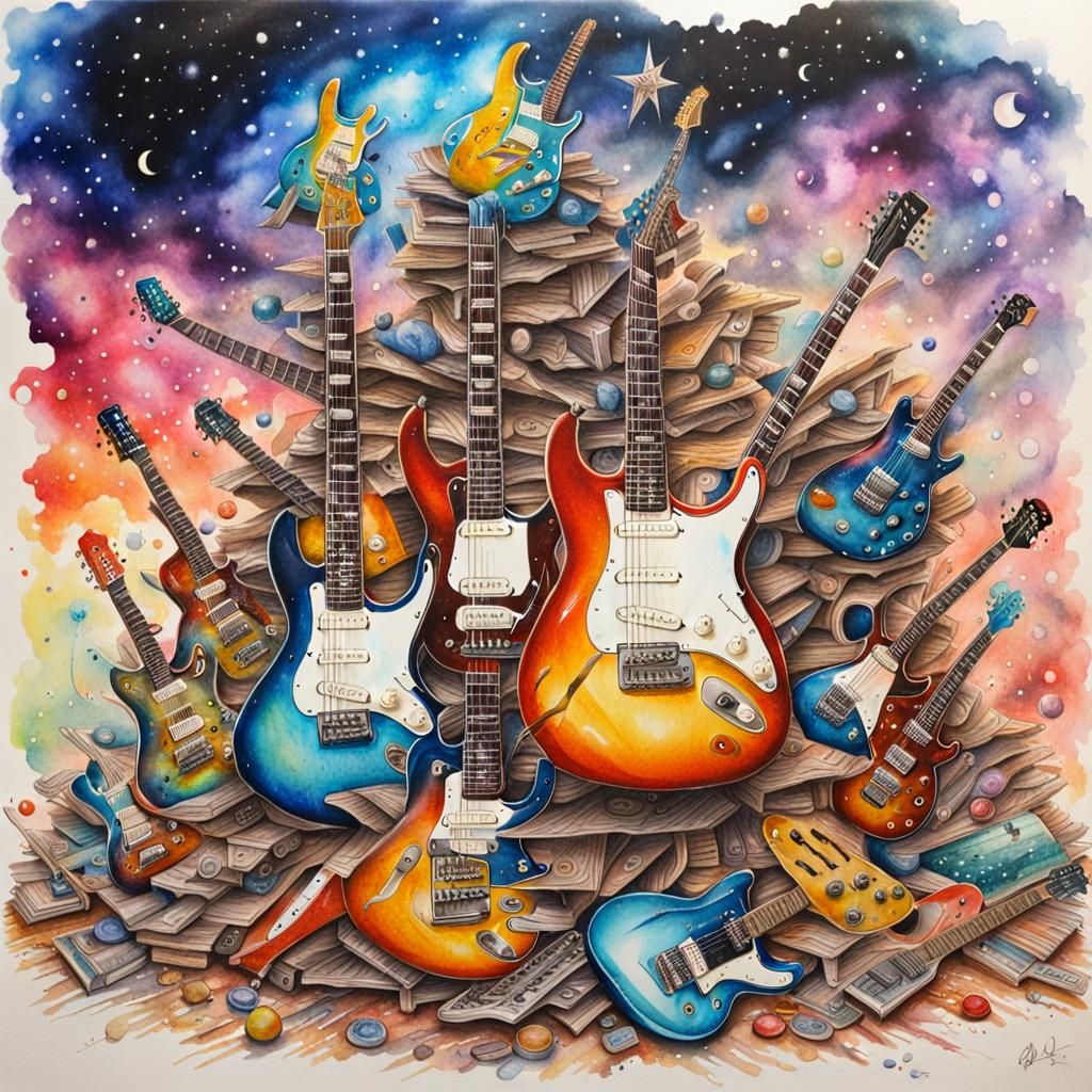 Surreal Guitars in Vibrant Galactic Art