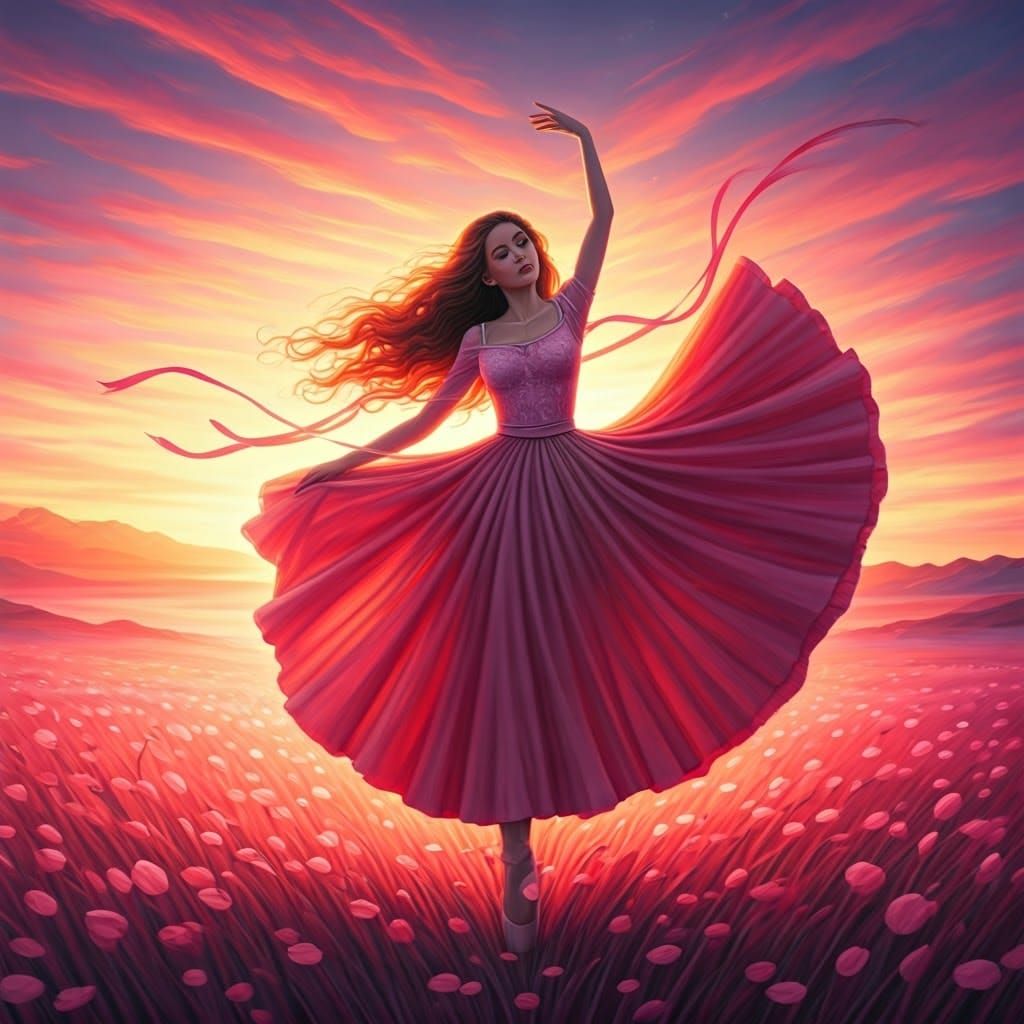 Woman Dancing in Pink Meadow: Pastel Book Illustration
