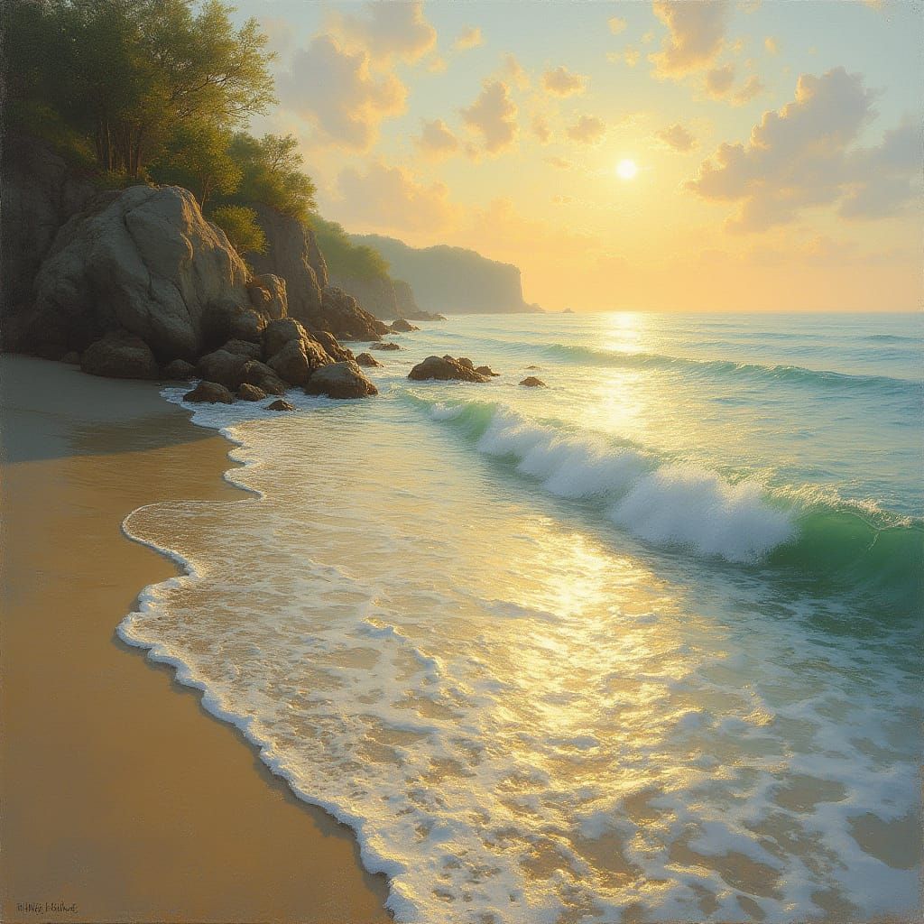 Impressionist Shoreline with Golden Sunlight and Gentle Wave...
