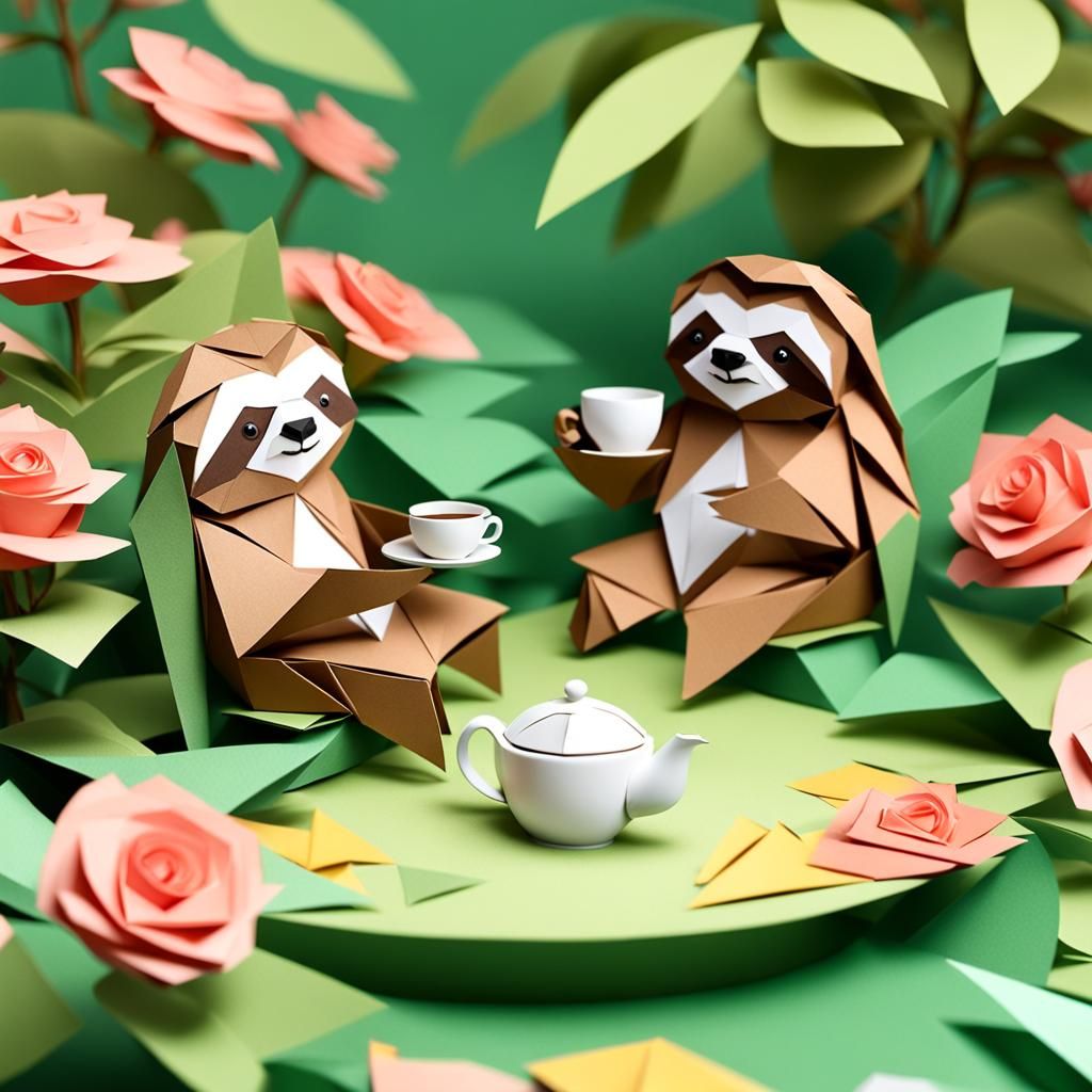 Sloths Have Tea Party in Origami Rose Garden