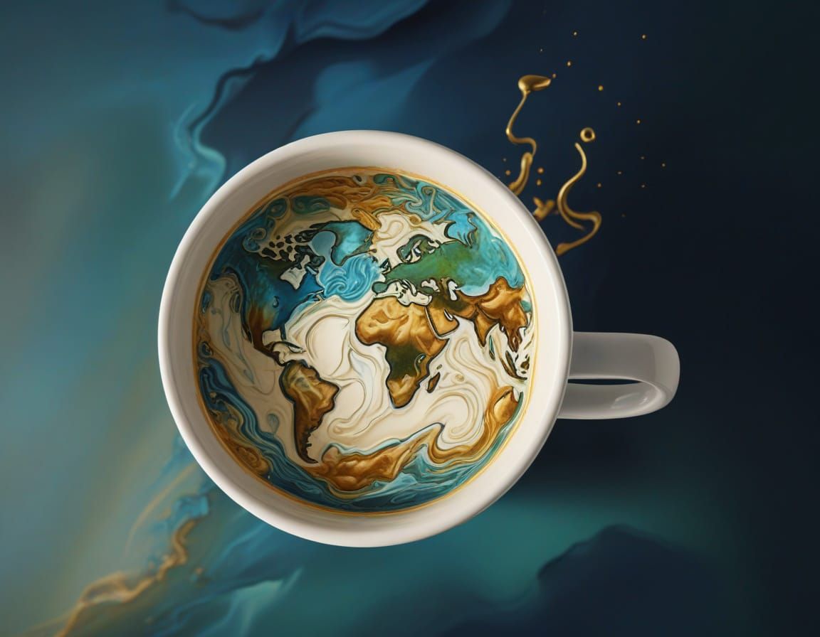 Surreal World Map in Coffee Cup: Oil Painting