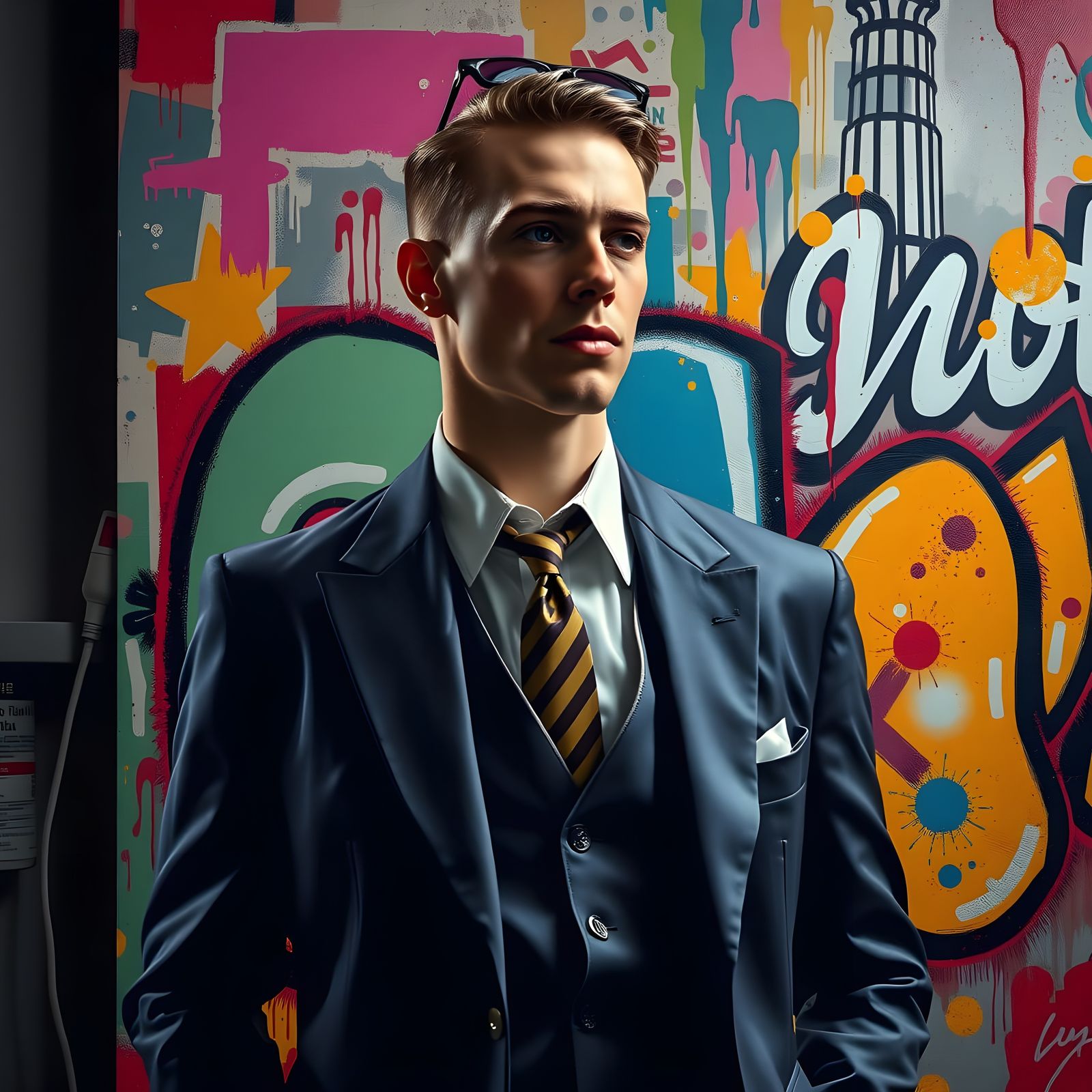Man in 1950s Suit with Graffiti Art Background