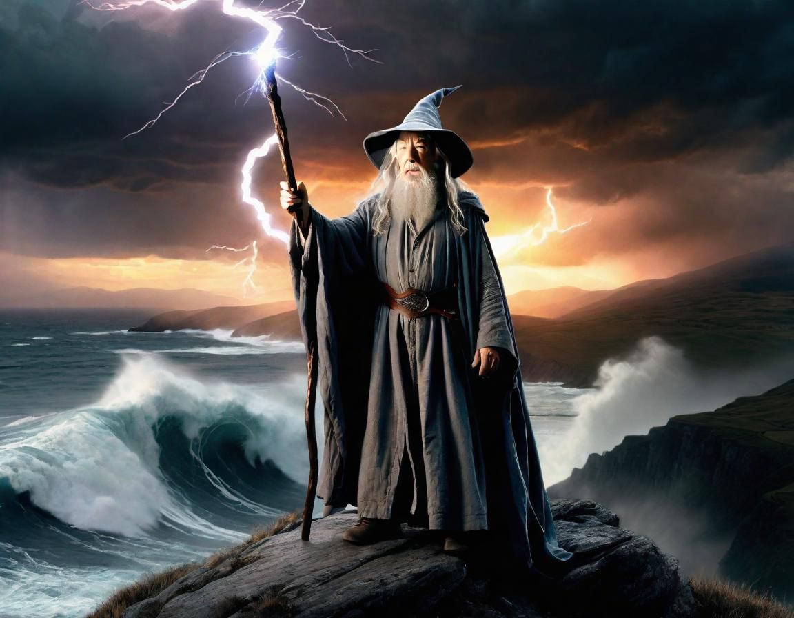 Gandalf on Mountain Top with Lightning Power