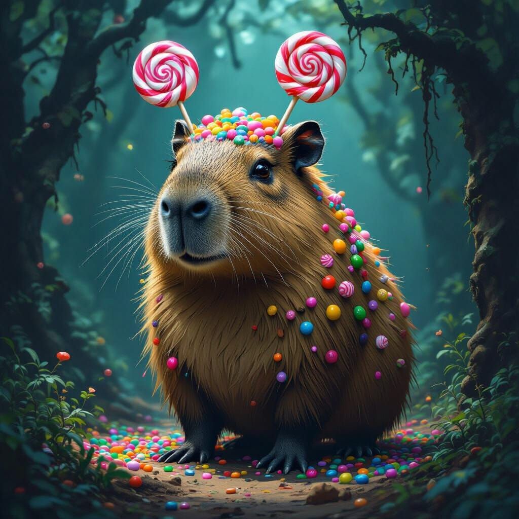 Giant Capybara Adorned With Sweets in Dark Forest
