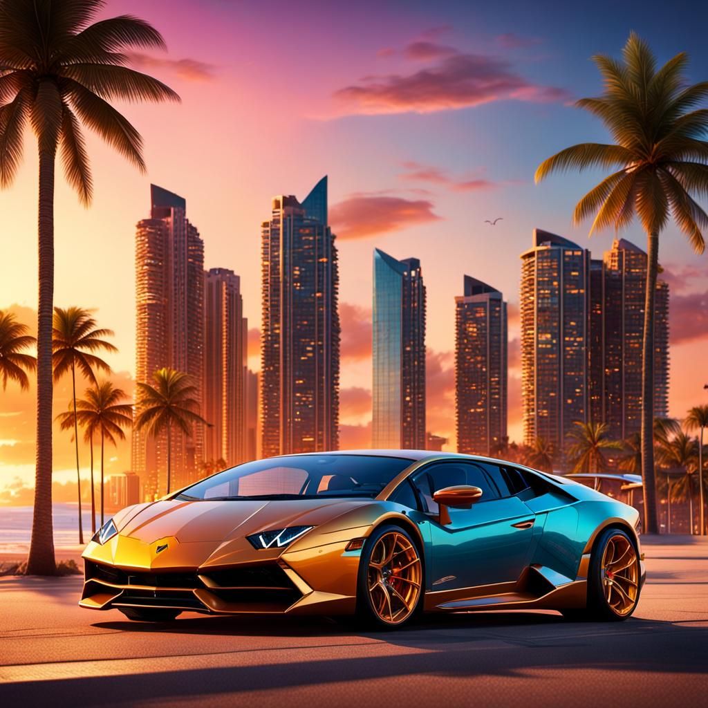Beach Cityscape with Lamborghini in Vibrant Digital Art