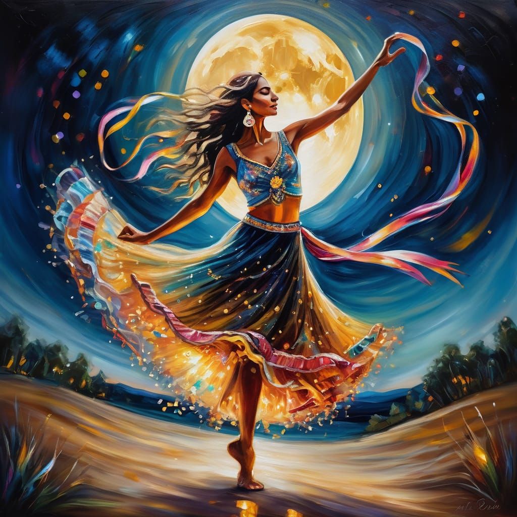 Romantic Gypsy Dancer in Moonlight, Oil Painting