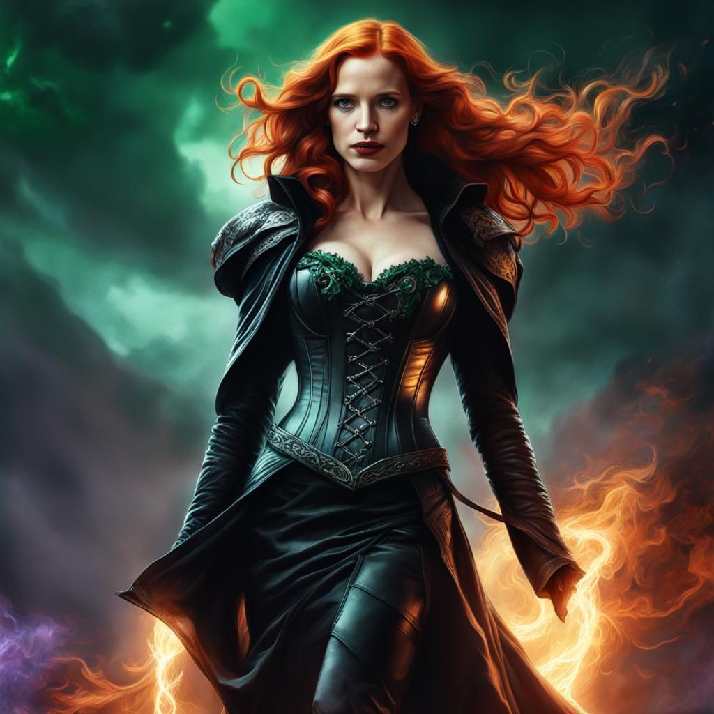 Sorceress with Red Hair in Charcoal Sketch Style